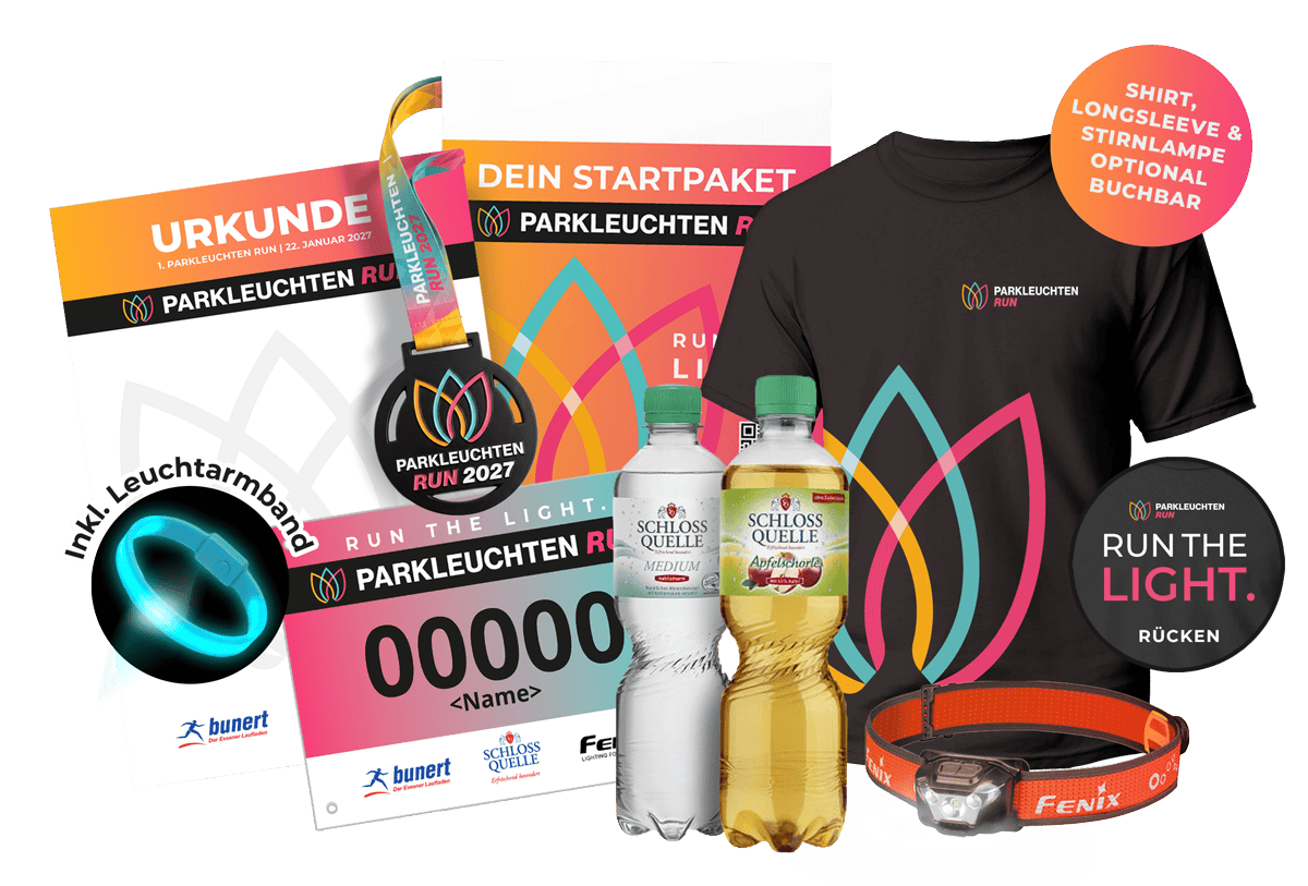 Inhalt des Startpakets: Urkunde, Finisher-Medaille, Startnummer, Leuchtarmband, Getränke, optionales Shirt und Stirnlampe